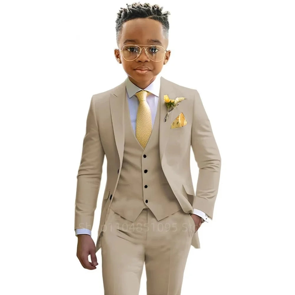 Boy wearing a formal 3-piece suit by 1170uf-he, suitable for weddings and parties, featuring a jacket, vest, and trousers.