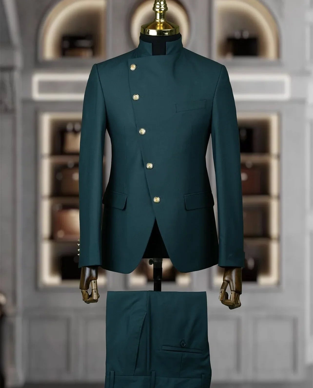 Men's slim fit wedding tuxedo by SHOWLU FASHION STORE, two-piece suit with stand collar and cotton fabric for formal occasions.