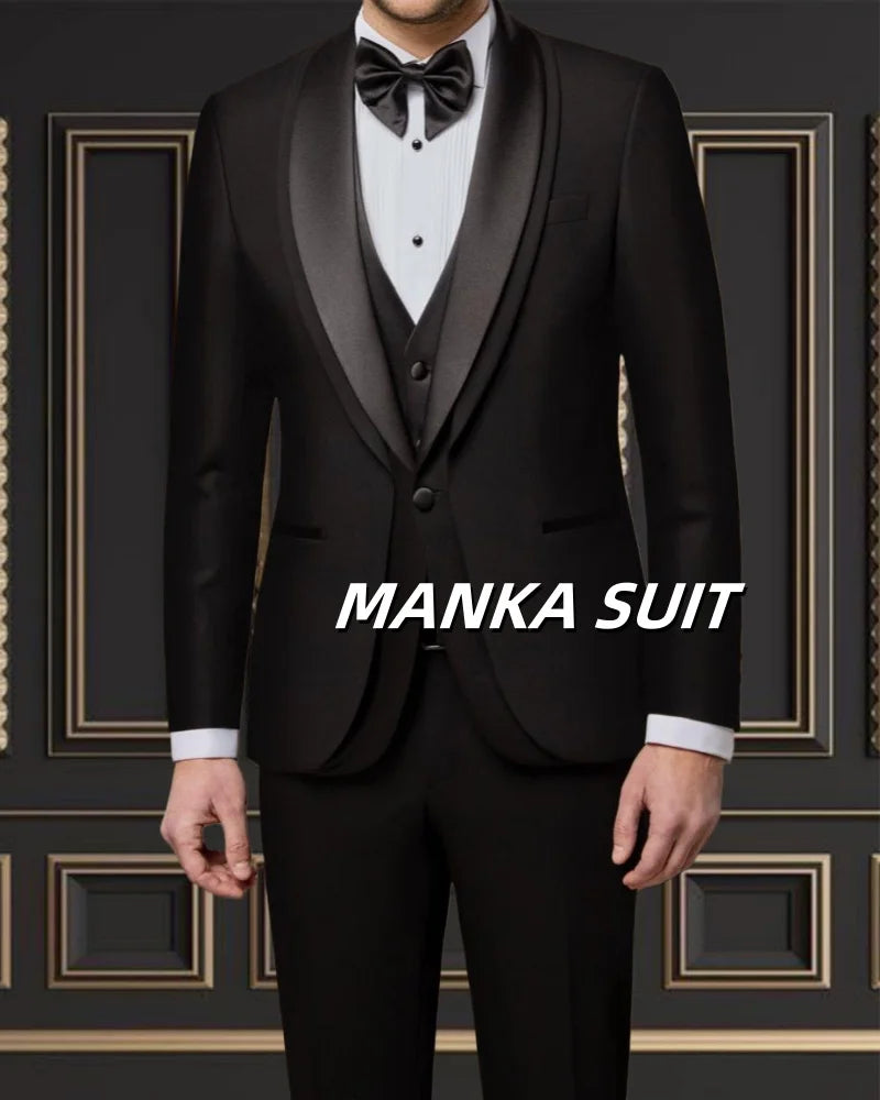 Elegant men's tuxedo suit with shawl lapel, single-breasted blazer, vest, and pants, featuring a formal black design for wedding or party wear.