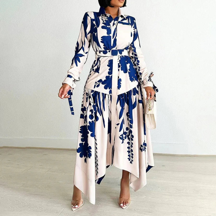 SHOWLU Women's printed asymmetric maxi dress with long sleeves, stylish shirt dress design for a fashionable look.