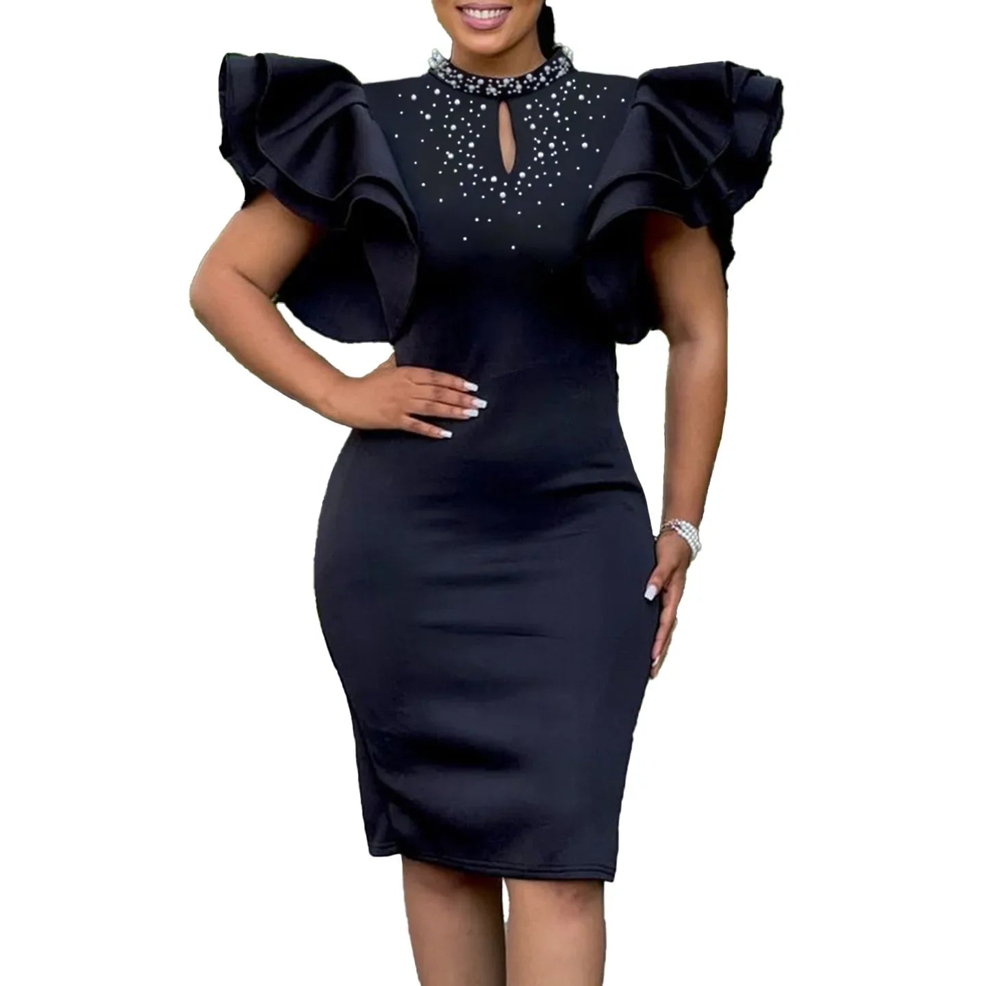 LZJV Women's beaded butterfly sleeve party dress in a summer pencil style, featuring intricate beadwork and butterfly sleeves.