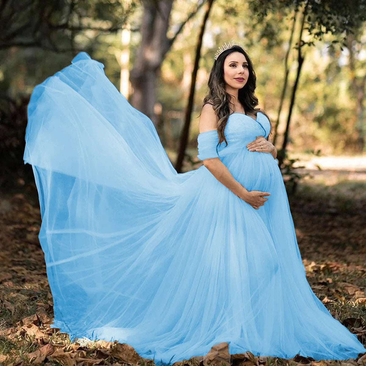Off shoulder Showlu Lace Mesh Maternity Gown, a flowy pregnancy photo dress with elegant lace details and comfortable fit.