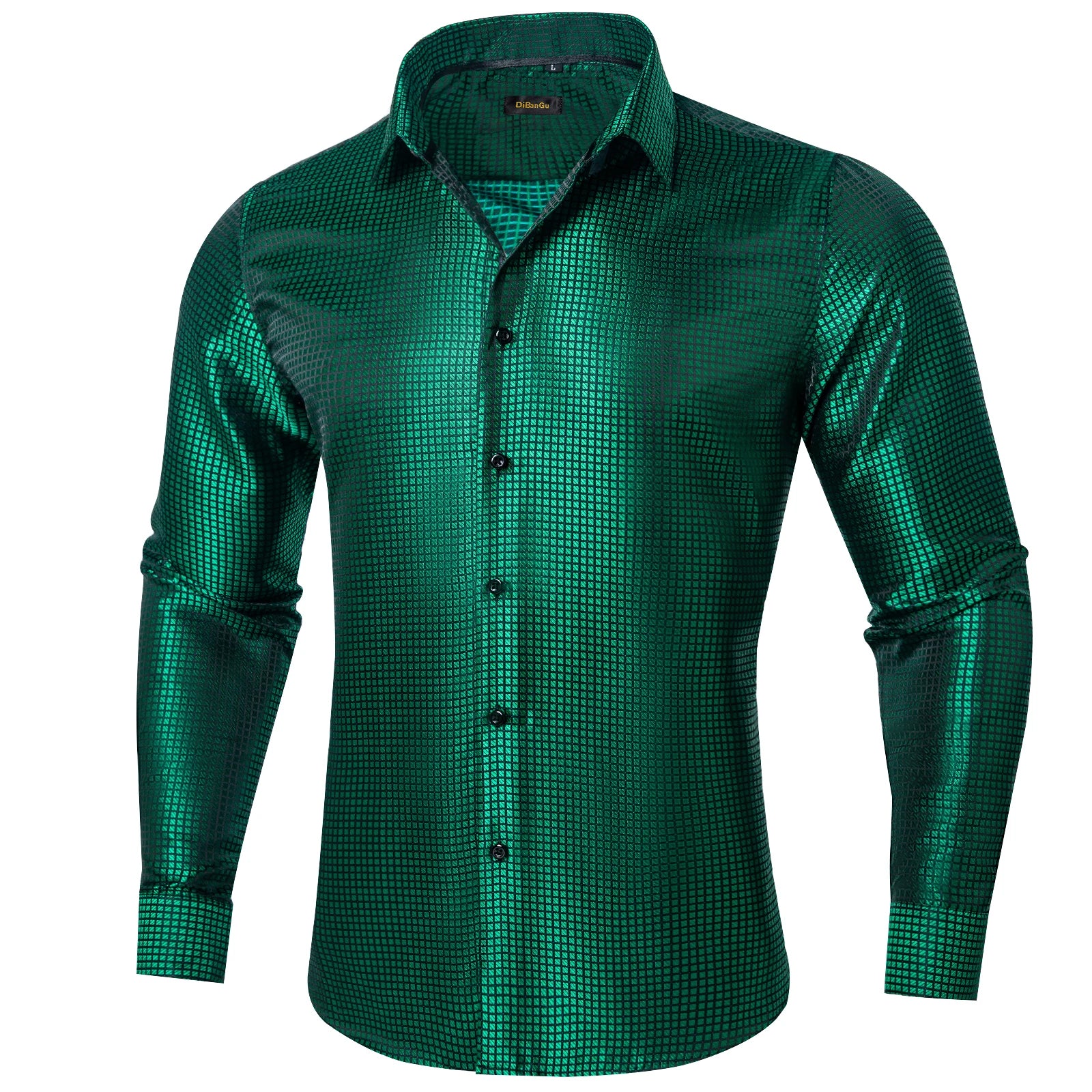 Men's patterned brocade shirt with gold crown collar accents, ideal for luxury galas and formal weddings, by Showlu Fashion.