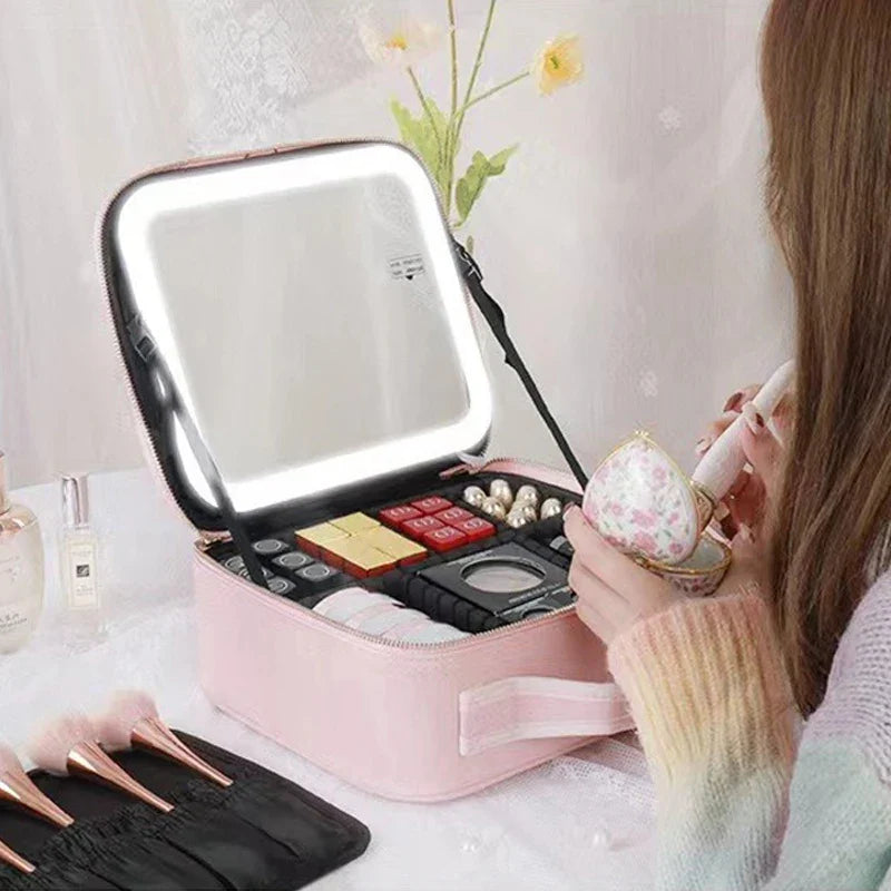 Showlu LED lighted cosmetic case made of waterproof PU leather with compartments for makeup storage and built-in LED lighting.