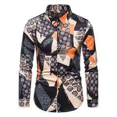 A men's long-sleeve button-down shirt featuring a retro geometric and floral print in black and orange.