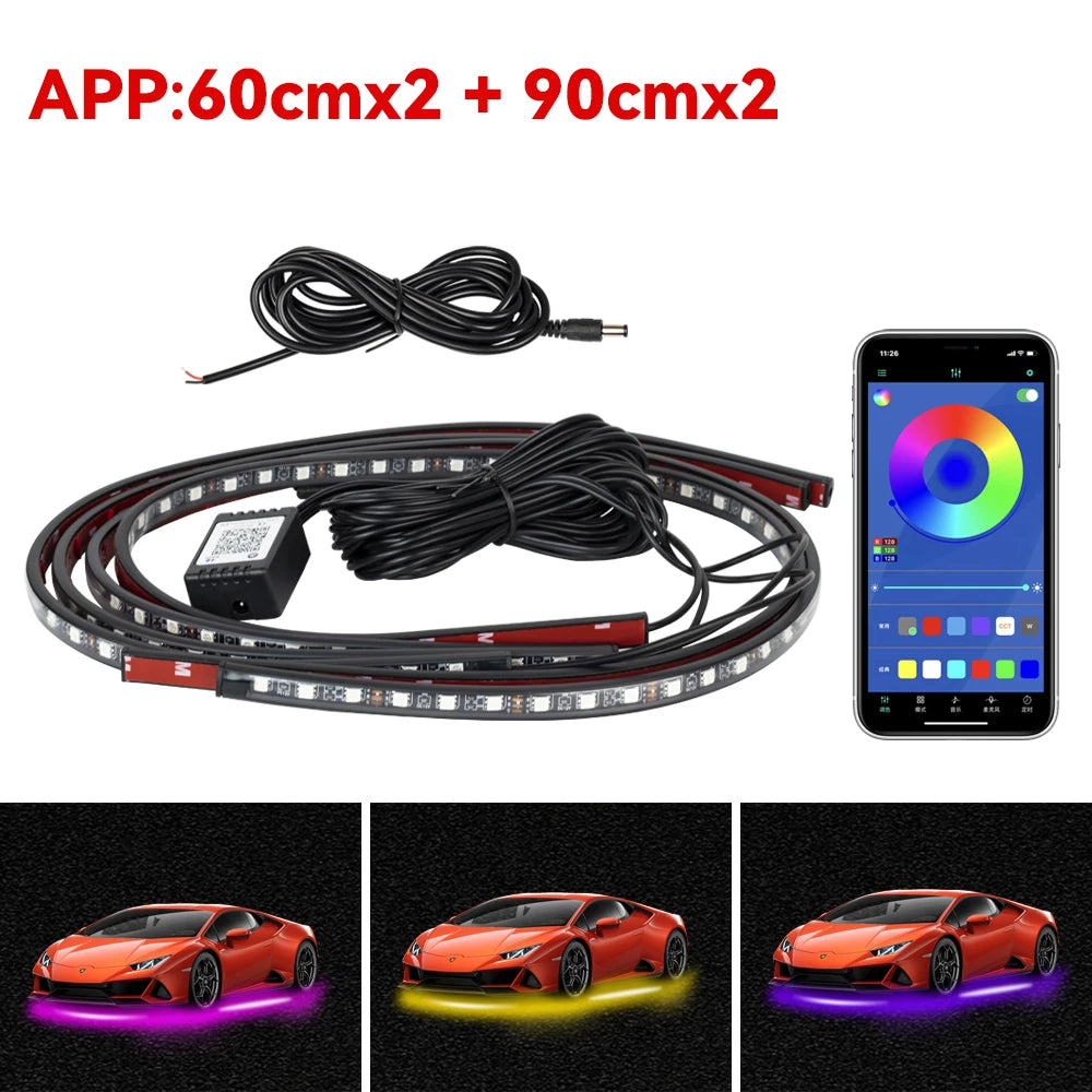 Showlu Smart General Car Underglow LED Kit with colorful LED strips illuminating the underside of a vehicle.