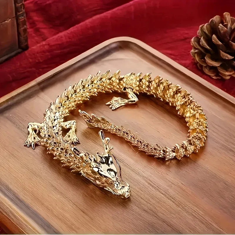 Golden alloy 3D dragon statue by Showlu Fashion, movable desktop decor featuring intricate dragon design and detailed craftsmanship.