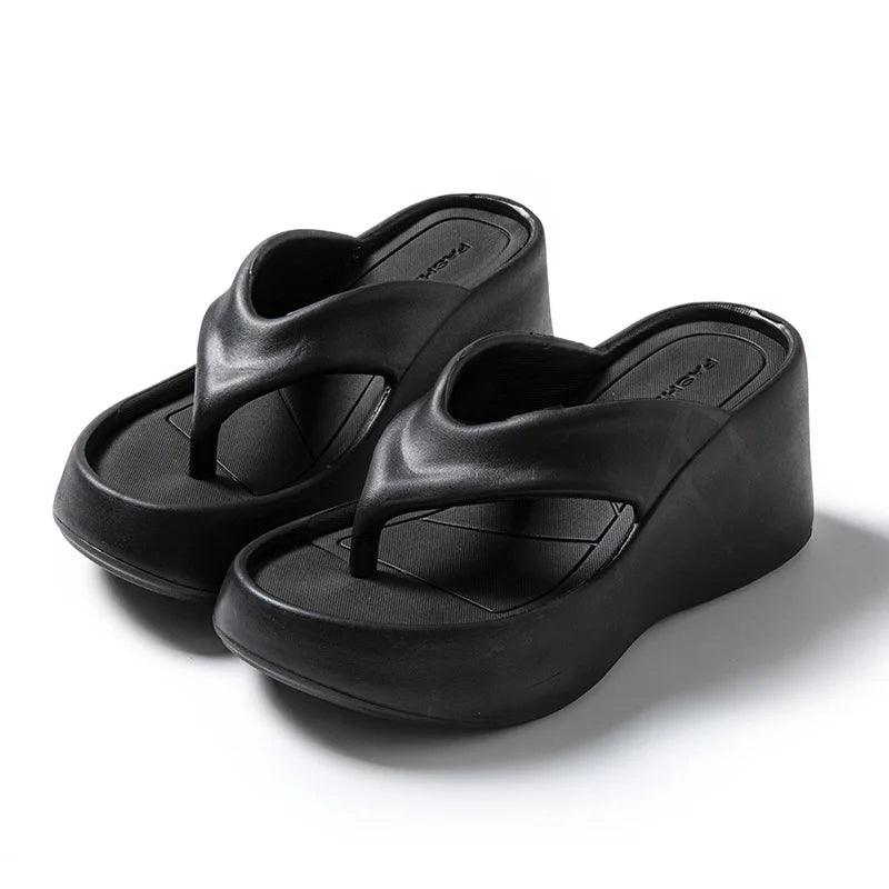 SHOWLU Women's platform wedge flip flops with thick EVA soles, summer sandals featuring a casual slip-on style and open toe design.