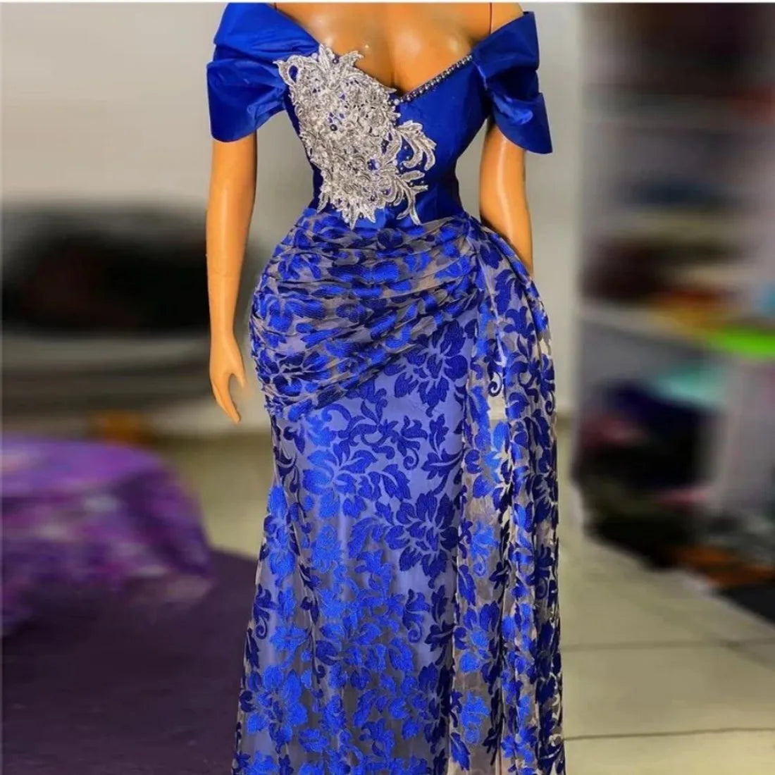 Vintage Aso Ebi Prom Dresses Plus Size Nigeria African Evening Dress Royal Blue Off the Shoulder Long Party Gowns Customized New