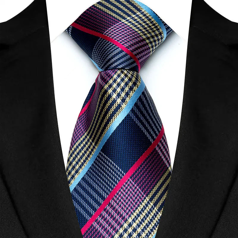 Purple striped floral plaid men's necktie with jacquard weave, suitable for business, wedding, or formal occasions.