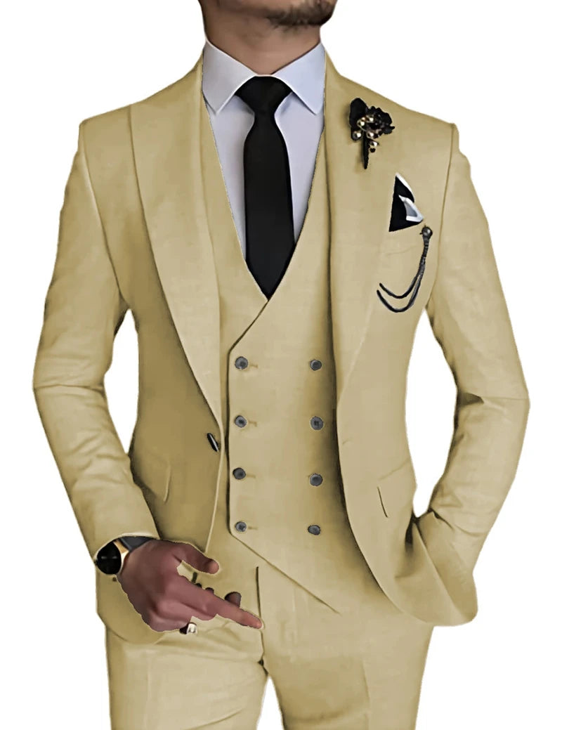 Beige men's formal suit with peak lapel blazer, double-breasted vest, and matching pants, ideal for weddings and special occasions.