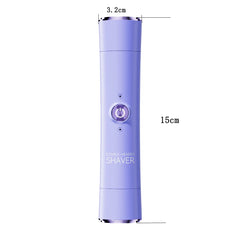 A light purple cylindrical electric hair remover with a power button and dimensions of 15cm by 3.2cm.