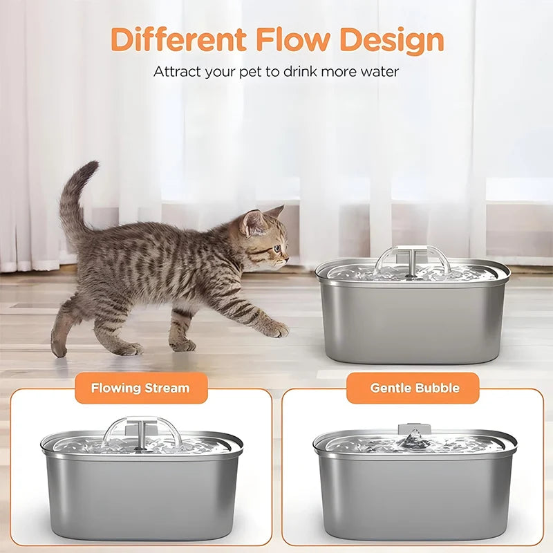 Showlu stainless steel cat water fountain with ultra-quiet pump and drinking spout, designed for pet hydration and convenience