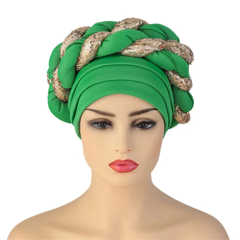 Sequins Braid Turban Cap for women African autogele Headtie