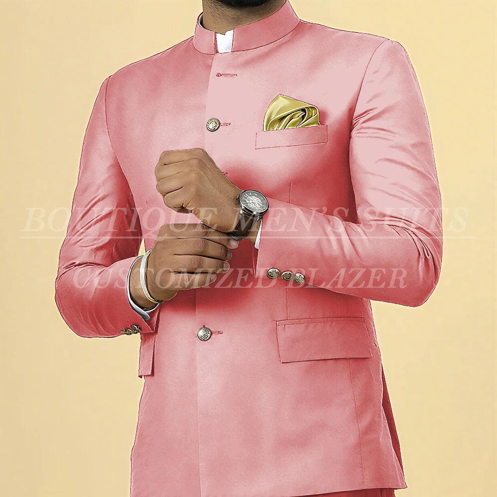 Elegant men's slim fit wedding suit with blazer and pants, single-breasted, stand lapel, customized formal 2-piece outfit.