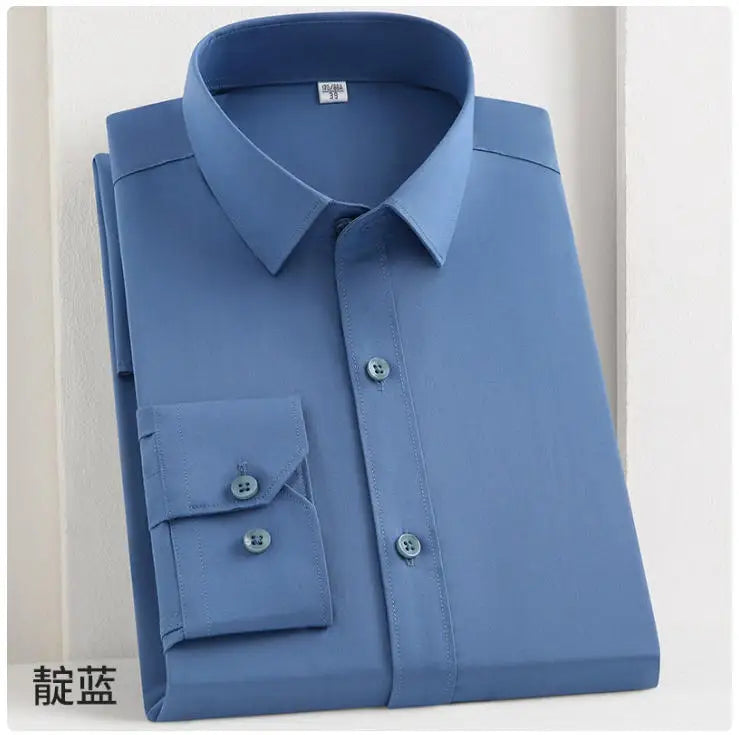 White bamboo fiber men's long sleeve dress shirt, professional fit, soft, stretch-free, formal business wear for men, size 8XL.