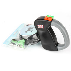 A black and grey dual retractable dog leash with color-coded buttons and reflective leads.