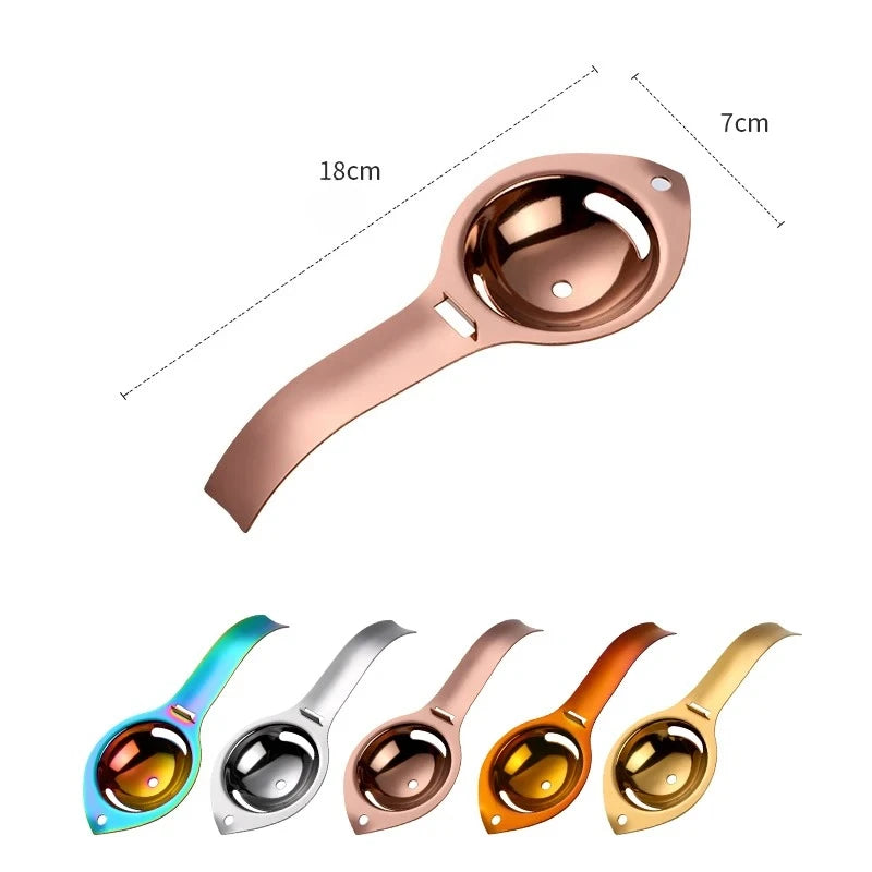 Stainless steel egg separator with handle, designed for separating egg yolks and whites for baking and cooking.