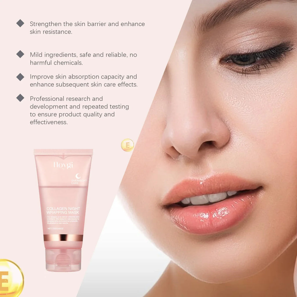 Hoygi Collagen night peel-off mask showing a gel texture with a calming, firming effect on the skin.