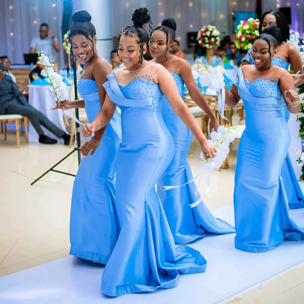 FEN SI Pearl Beaded Mermaid Bridesmaid Dress by SHOWLU FASHION STORE featuring a sheer neck tulle gown with pearl embellishments.