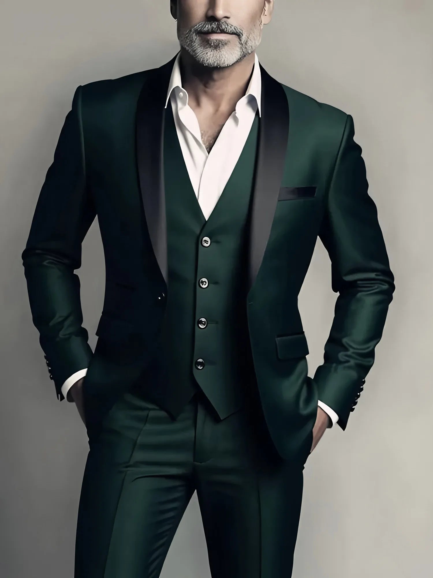 Men's solid color formal suit jacket, vest, and trousers set by Showlu Fashion, suitable for business, office, or wedding occasions.