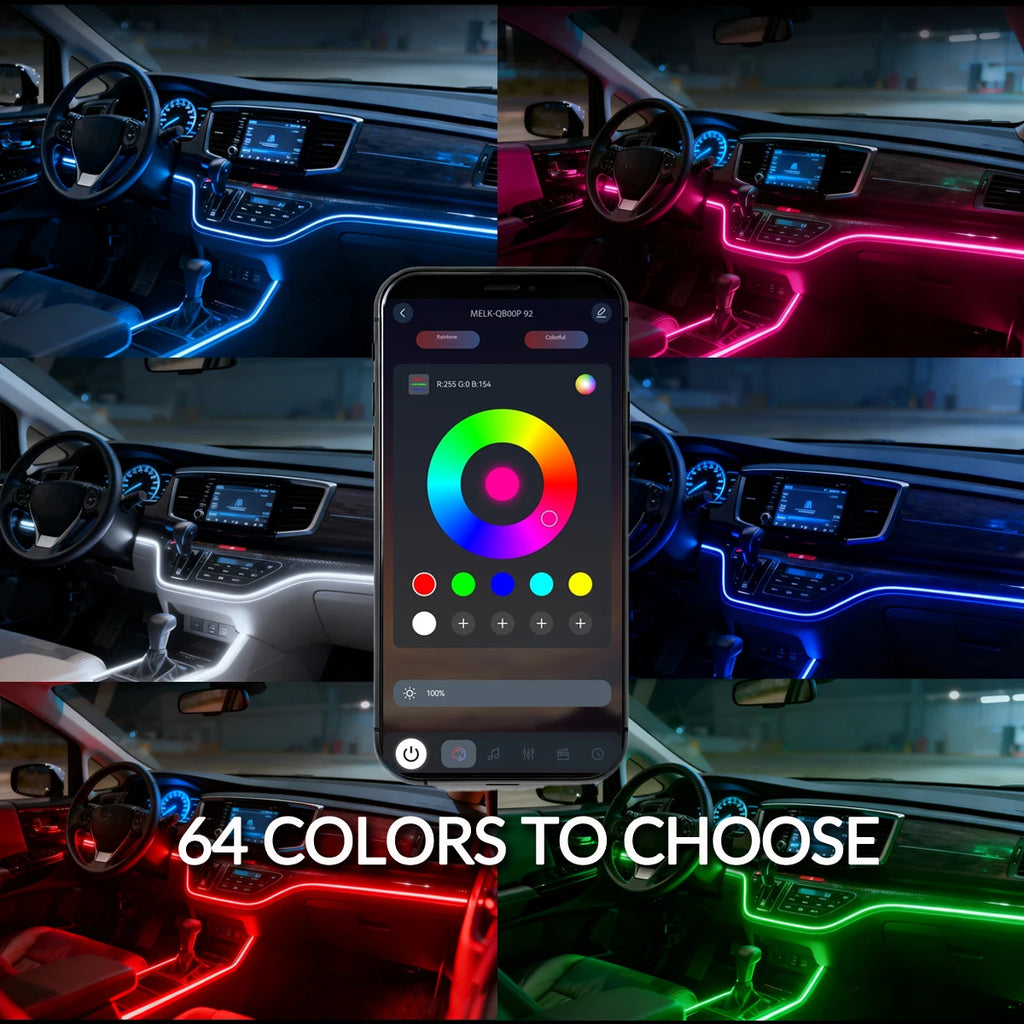 RGB car ambient light strip by Showlu Smart General with 18-inch length, app-controlled for customizable interior lighting.