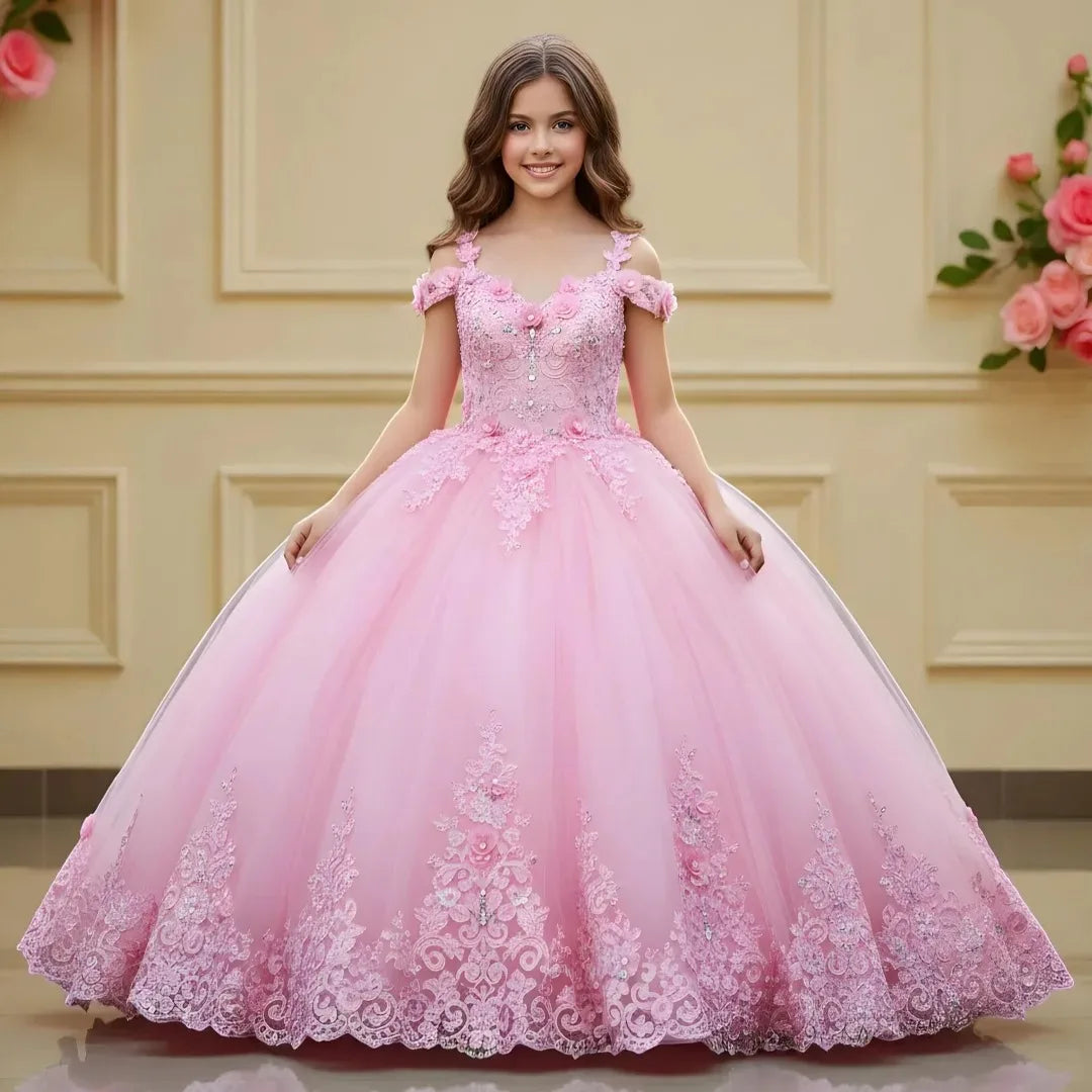 Customized Wedding Birthday Prom Party Red Flower Girl Dress Tulle Floral Appliques With Bow For Evening Banquet Princess Gown