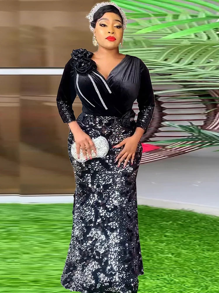 African Mermaid evening gown by SHOWLU FASHION STORE featuring a V-neck, sequined bodycon design for wedding or party occasions.