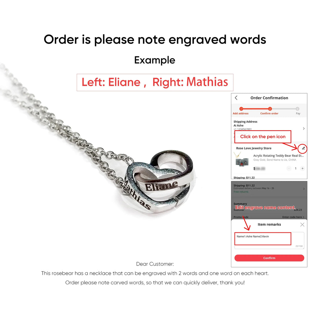 Engraved interlocking heart necklace from Showlu Fashion with eternal rose in decorative box, elegant jewelry gift.
