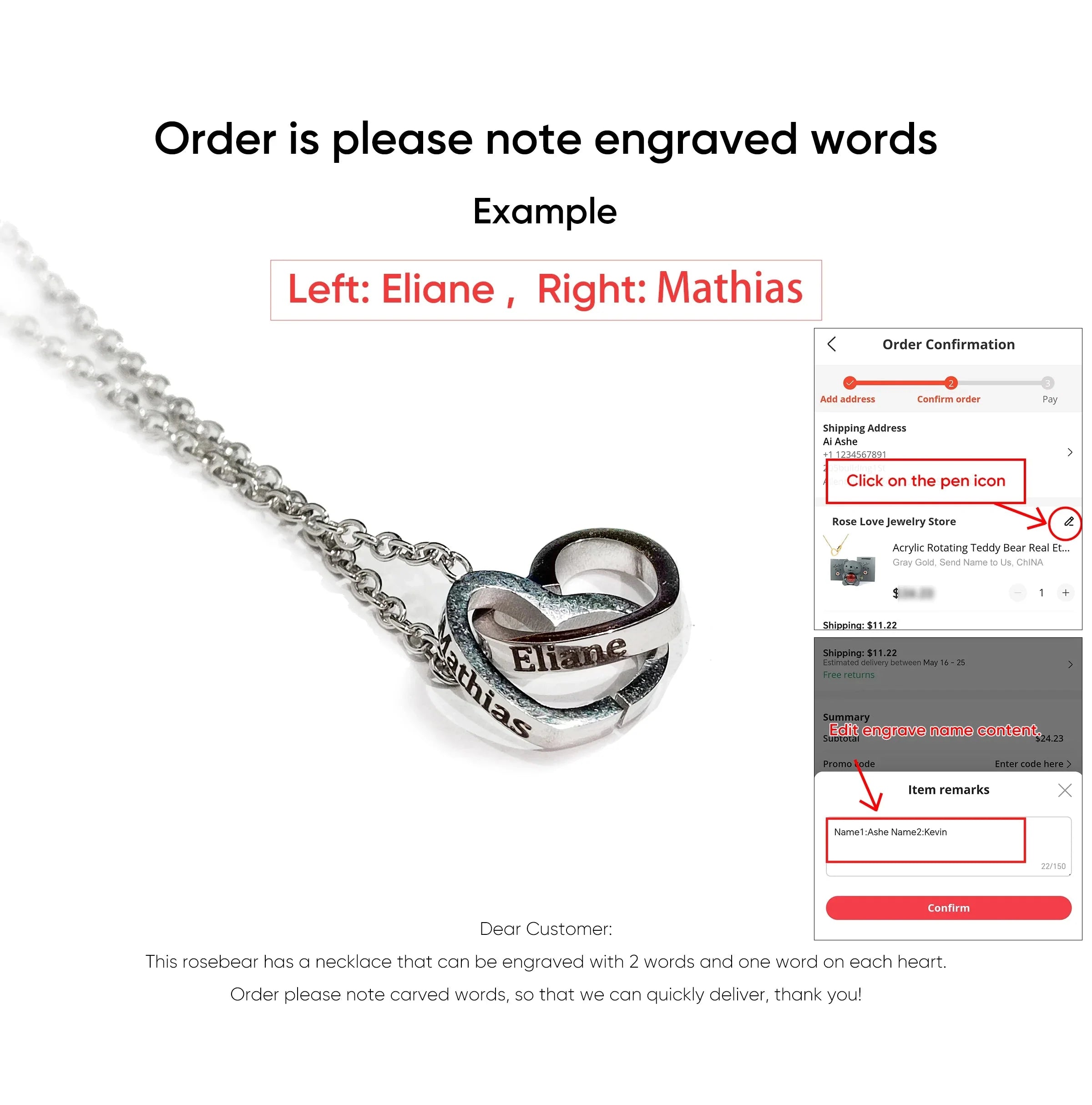 Engraved interlocking heart necklace from Showlu Fashion with eternal rose in decorative box, elegant jewelry gift.