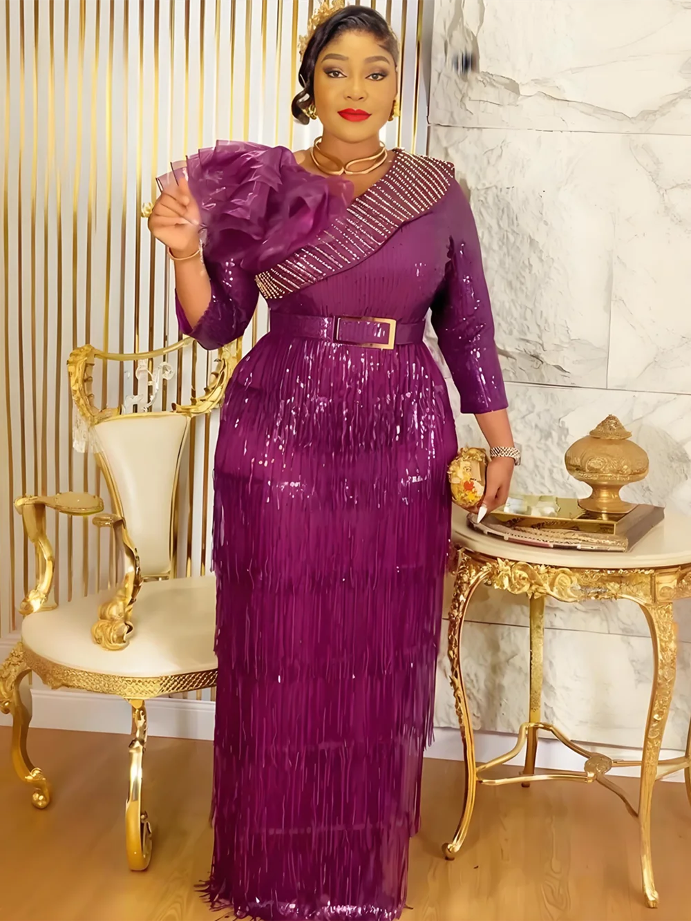 Plus size African party dress for women, elegant dashiki maxi gown with tassel sequins for weddings and evening events.