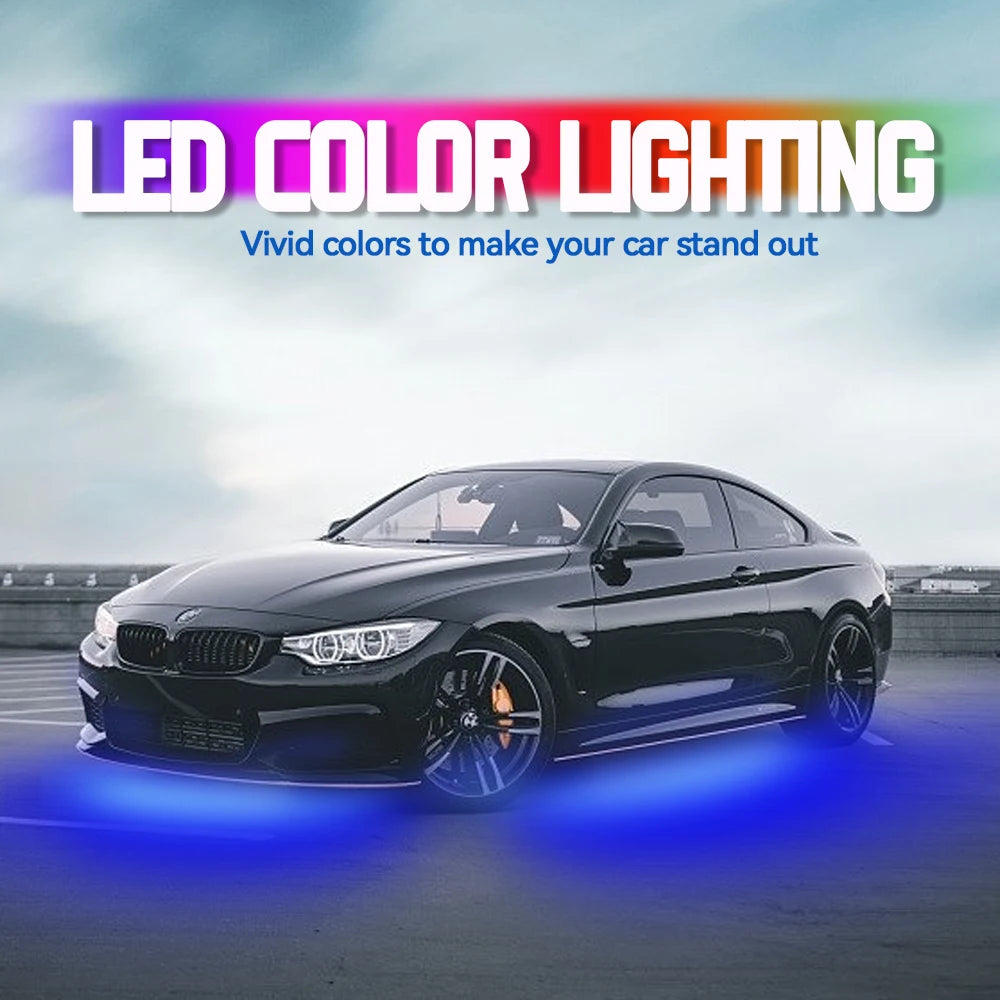 Showlu Smart General Car Underglow LED Kit with colorful underbody lights, installed on a vehicle for vibrant nighttime illumination.