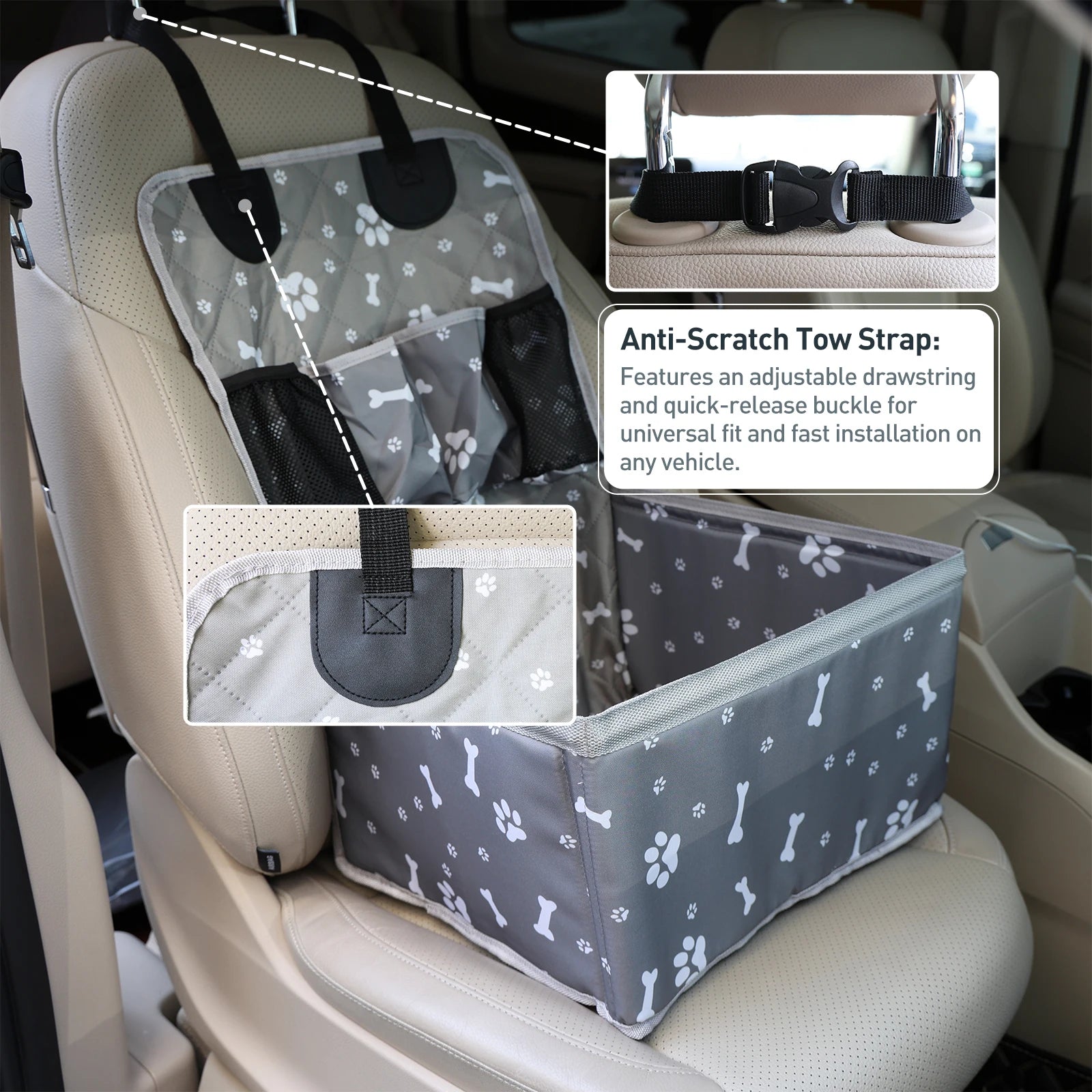 Showlu portable dog car booster seat in nylon with safety straps and storage pocket, designed for secure pet travel.