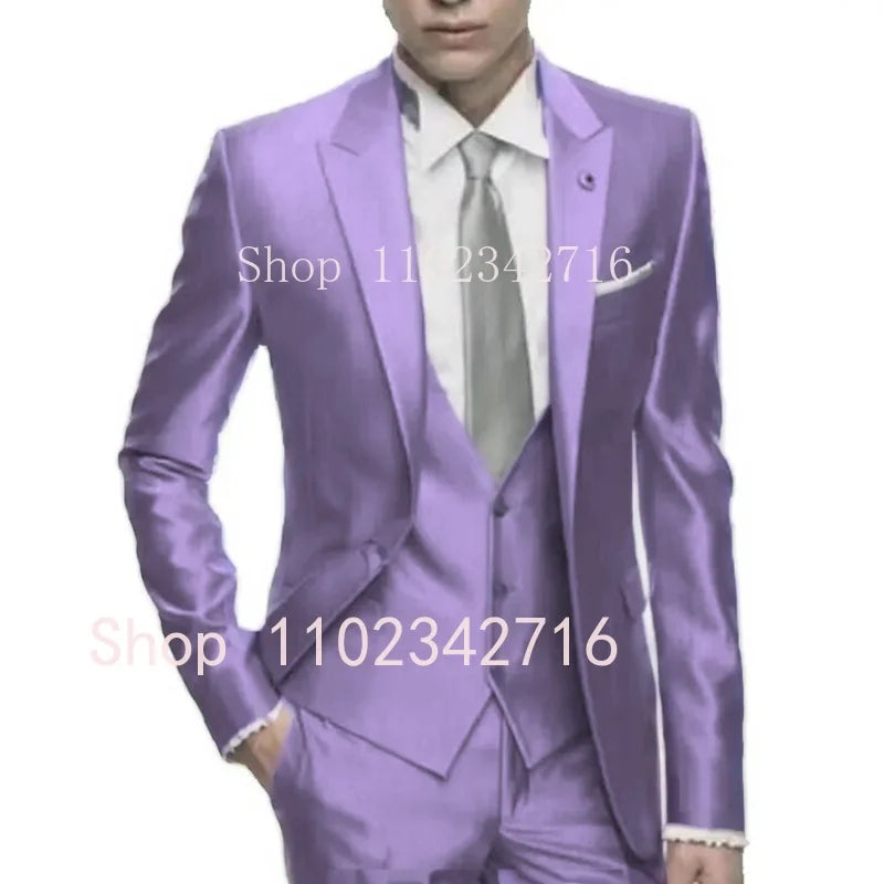 Showlu Silver Grey Satin men's 3-piece slim fit formal tuxedo for weddings, featuring a jacket, vest, and trousers.