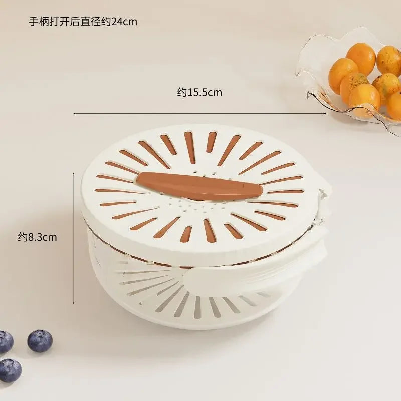 Showlu folding fruit drain basket and vegetable dehydrator storage box, made of durable material, with a compact, collapsible design.