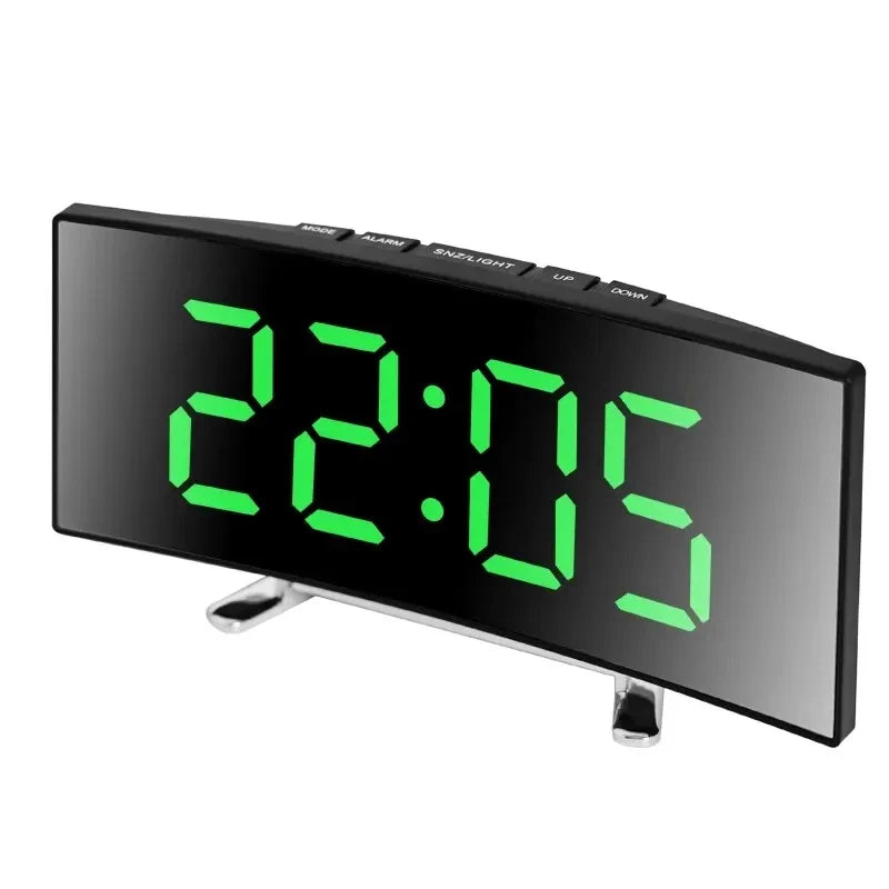 Showlu Smart LED mirror digital alarm clock with USB display showing time and sleek reflective surface.