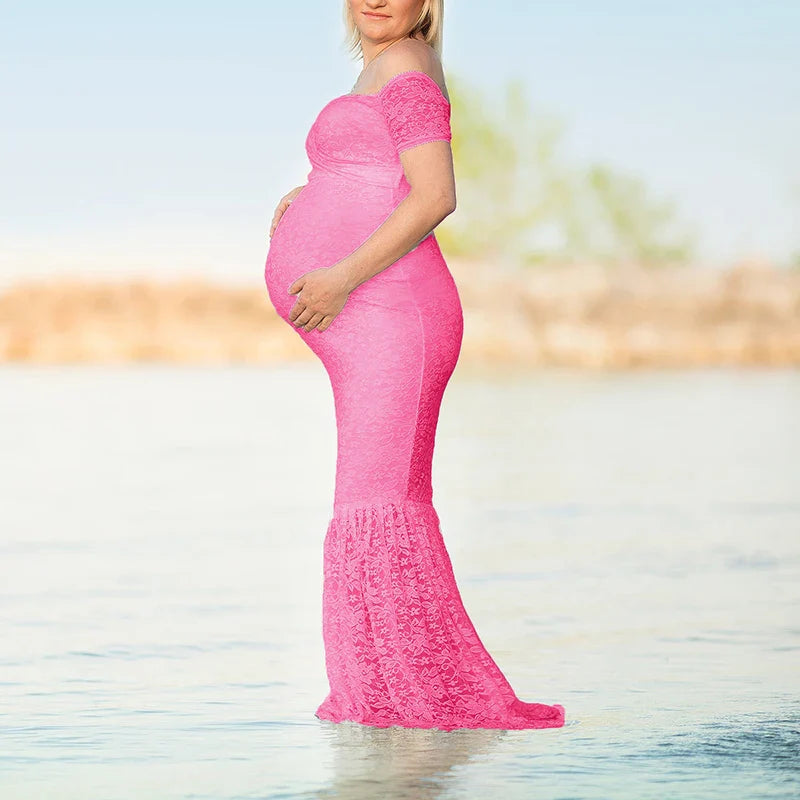 Long sleeve mermaid lace maternity photography gown by SHOWLU FASHION STORE, featuring a flowing maxi design for expectant mothers.