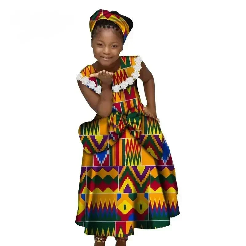 Girls African Ankara print dress with cotton Kente pleated skirt, vibrant colors, and traditional pattern by Wingfei for SHOWLU FASHION STORE.