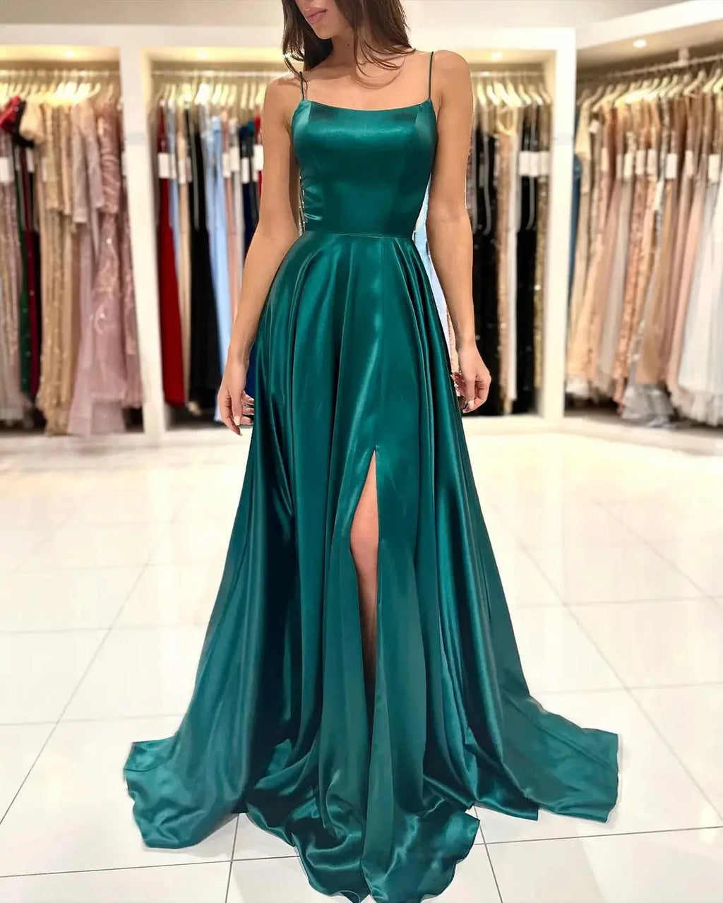 SHOWLU FASHION STORE satin bridesmaid dress with cowl neck, leg slit, and A-line silhouette, perfect for elegant events.