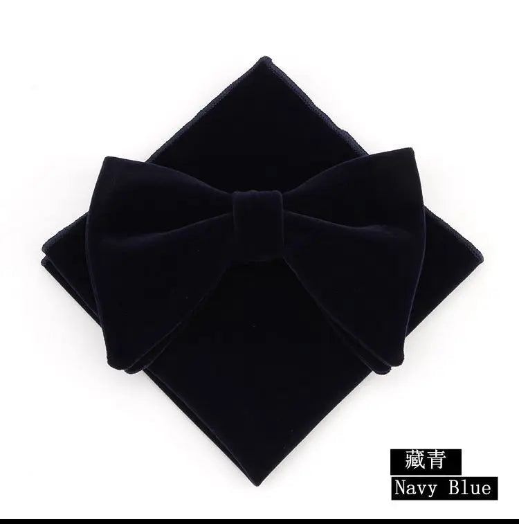 Men's velvet bowtie and pocket square set with handkerchief and towel, featuring a custom logo for wedding or formal attire.