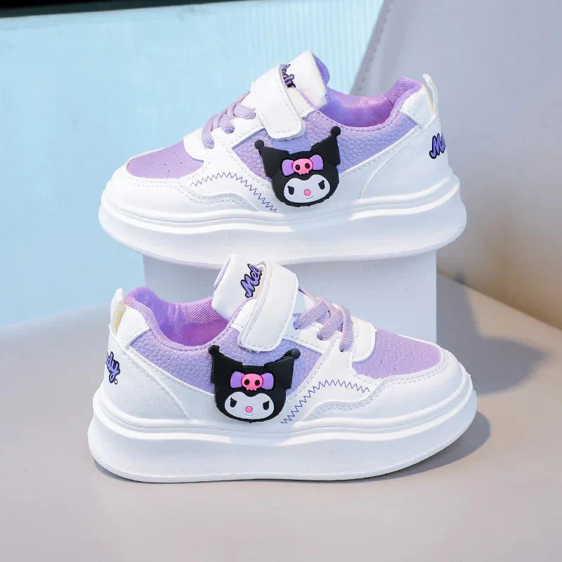 Sanrio Kuromi Melody kids casual sneakers with anti-slip soft soles, featuring colorful cartoon character design and comfortable fit.