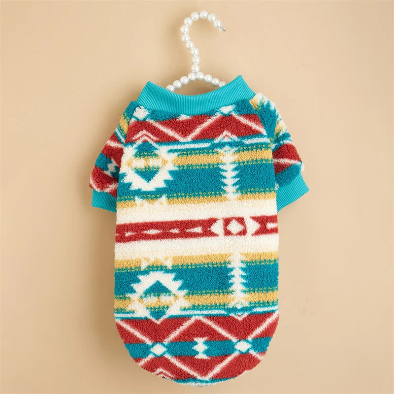 Dog wearing XLeiPet National Style warm retro winter hoodie, cozy pet sweater in a national pattern for winter comfort.