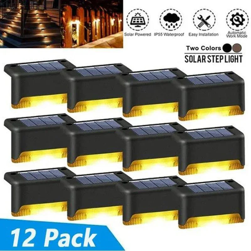 Showlu Smart General solar waterproof deck step lights illuminating outdoor stairs with modern, energy-efficient LED design.