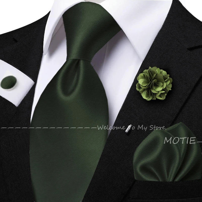 Men's solid color tie set with sage green pocket square, flower brooch, cufflinks, and collar accessory for wedding or daily wear.