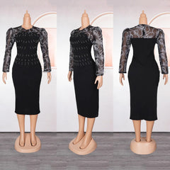 Elegant Bodycon Dresses for Women O Neck Full Sleeve Diamond Beaded Sheath Package Hips Mid Calf Professional Work Dress Midi OL