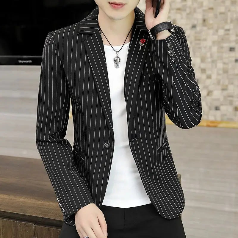 Men's slim fit striped plaid blazer by SHOWLU FASHION featuring casual Korean style jacket with tailored fit and stylish pattern.