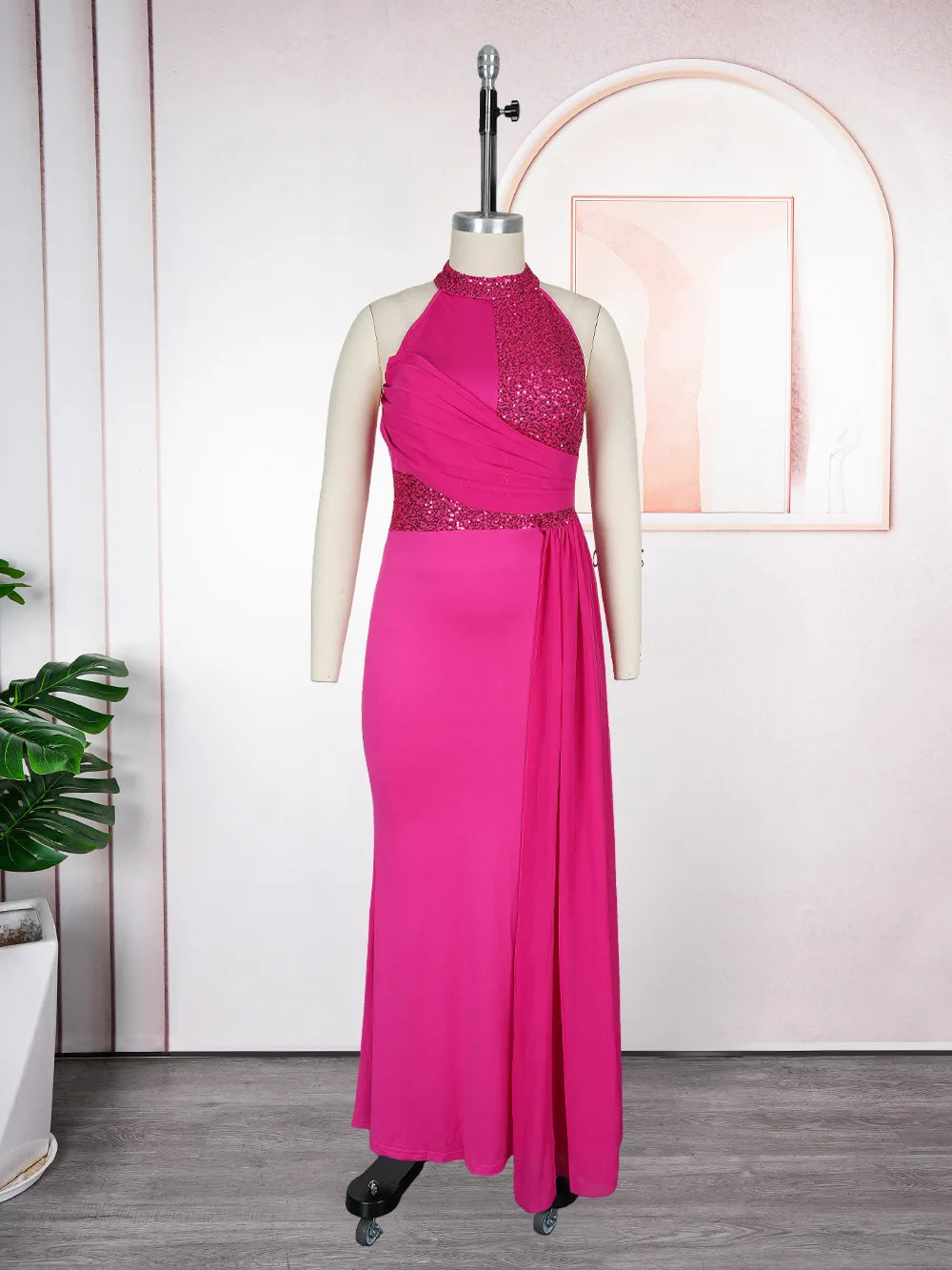 Elegant African party dress for women with sequin details, plus size Turkish maxi gown, suitable for wedding and evening events.