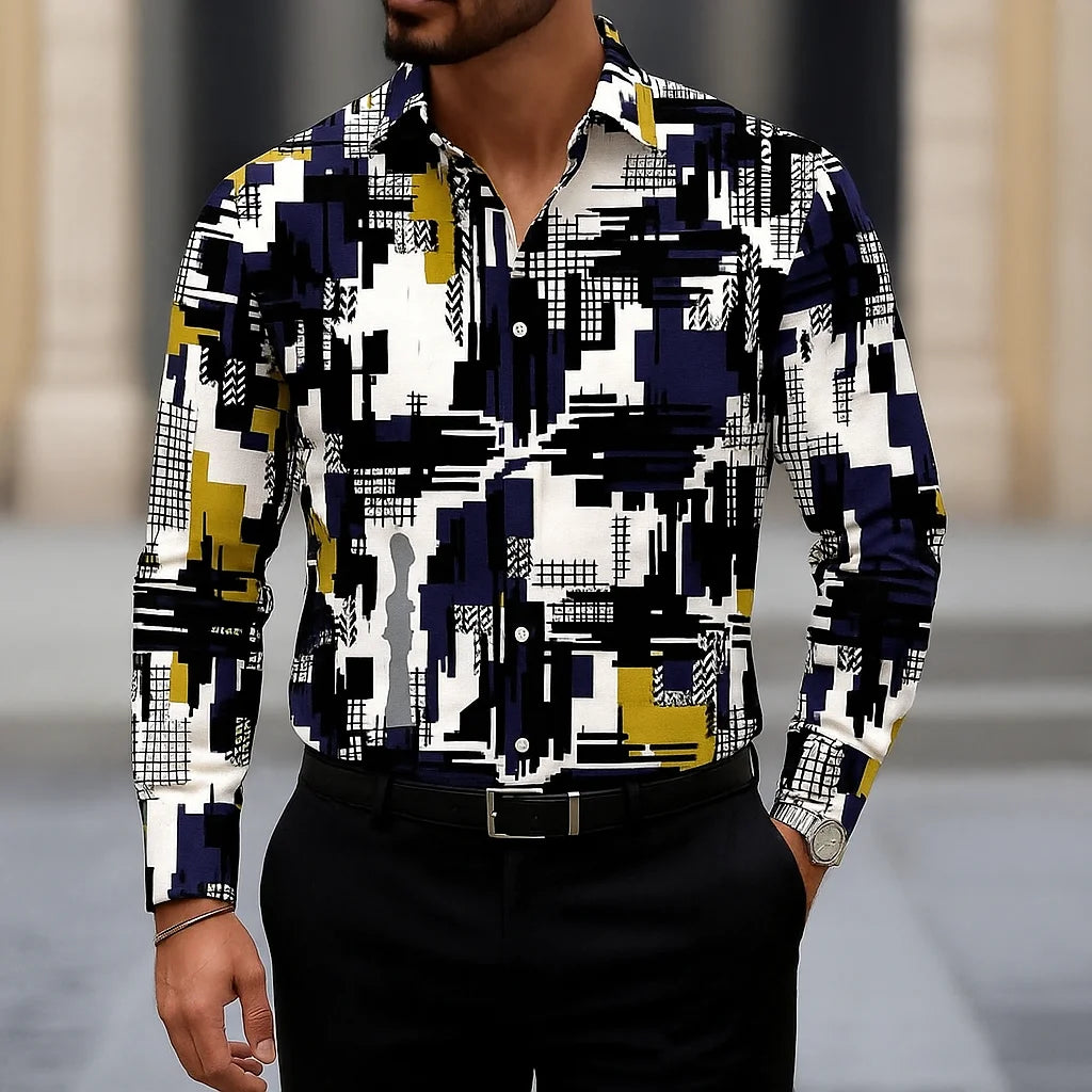 Showlu men's slim fit button-down shirt with linear stripe texture, casual long-sleeve top for modern style.