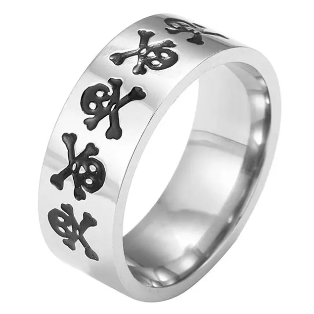Titanium steel Christian cross Bible ring with 8mm unisex band, featuring a sleek design and religious symbol on a polished surface.