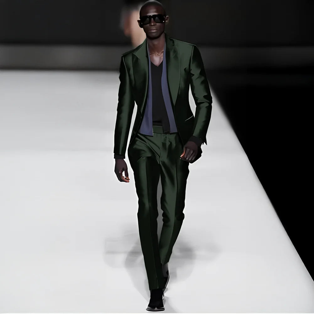 Elegant satin men's 2-piece suit with peak lapel blazer and pants, ideal for weddings, dinners, and formal events.
